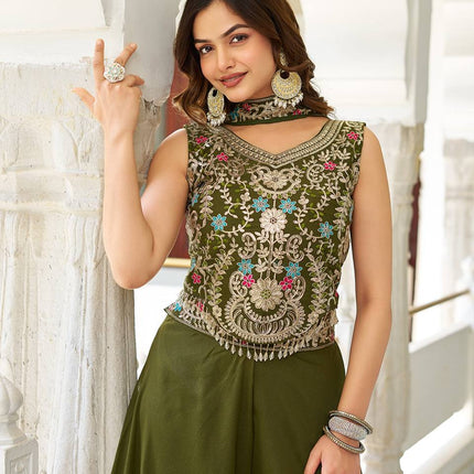 Sonakshi Women's Mehendi Star Georgette Cording & Therad Embroidered With Latkan Lece Sarara Set With Dupatta