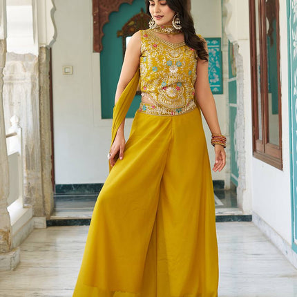 Sonakshi Women's Yellow Star Georgette Cording & Therad Embroidered With Latkan Lece Sarara Set With Dupatta