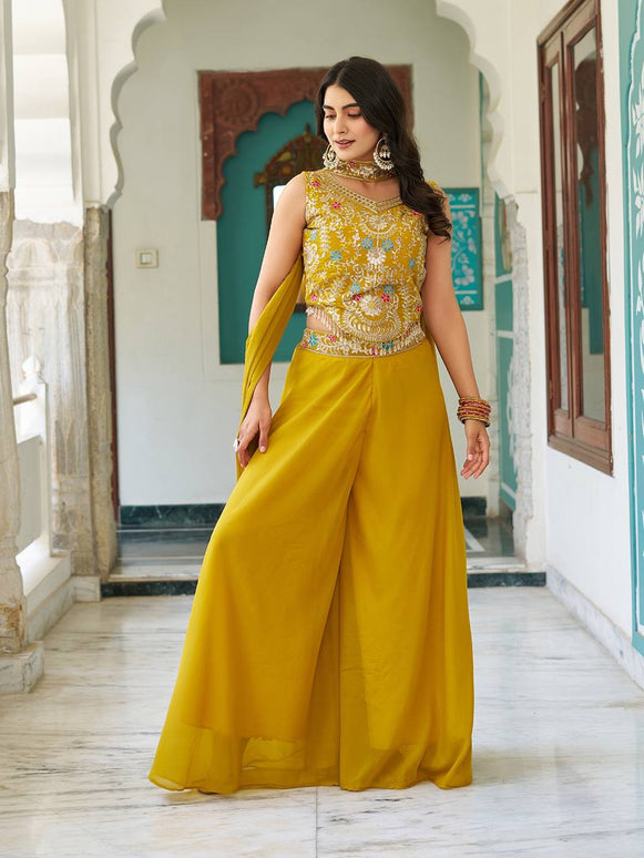 Sonakshi Women's Yellow Star Georgette Cording & Therad Embroidered With Latkan Lece Sarara Set With Dupatta