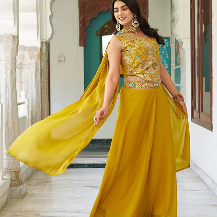 Sonakshi Women's Yellow Star Georgette Cording & Therad Embroidered With Latkan Lece Sarara Set With Dupatta