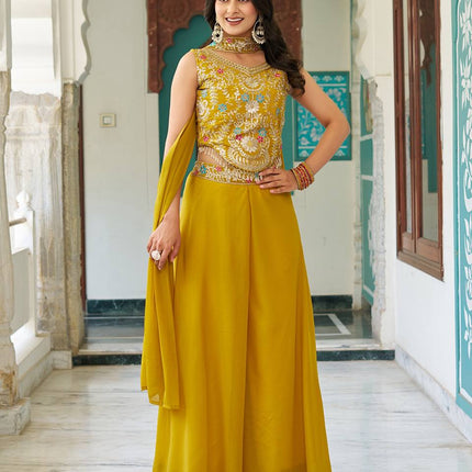 Sonakshi Women's Yellow Star Georgette Cording & Therad Embroidered With Latkan Lece Sarara Set With Dupatta