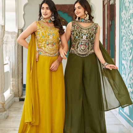 Sonakshi Women's Mehandi & Yellow Star Georgette Cording & Therad Embroidered With Latkan Lece Sarara Set With Dupatta