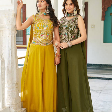 Sonakshi Women's Mehandi & Yellow Star Georgette Cording & Therad Embroidered With Latkan Lece Sarara Set With Dupatta
