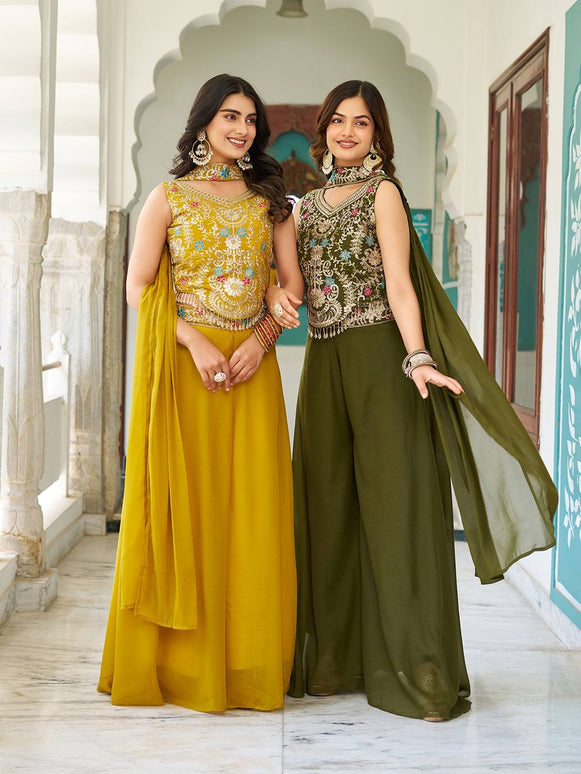 Sonakshi Women's Mehandi & Yellow Star Georgette Cording & Therad Embroidered With Latkan Lece Sarara Set With Dupatta