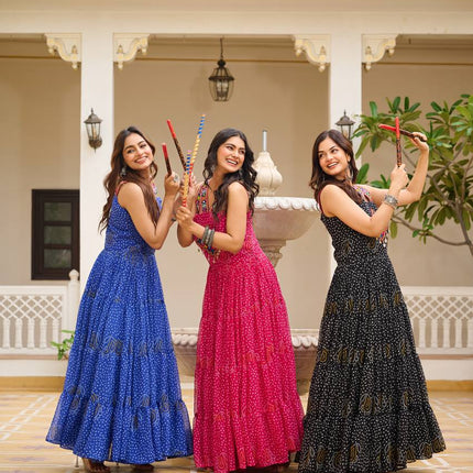 Sonakshi Women's Black,Rani & Blue Georgette Bandhni Print Gamathi Work With Real Mirror Anarkali Gown Set