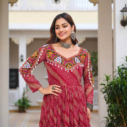 Sonakshi Women's Gajri Georgette Bandhni Print Gamathi Work With Real Mirror Anarkali Gown Set