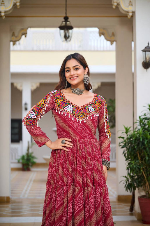 Sonakshi Women's Gajri Georgette Bandhni Print Gamathi Work With Real Mirror Anarkali Gown Set