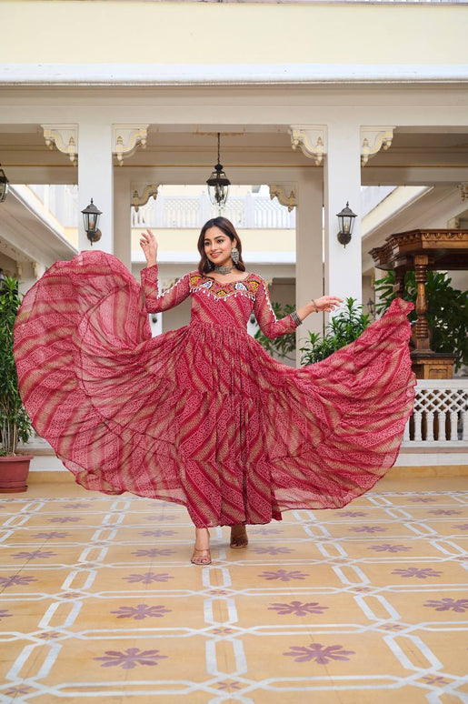 Sonakshi Women's Gajri Georgette Bandhni Print Gamathi Work With Real Mirror Anarkali Gown Set