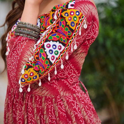 Sonakshi Women's Gajri Georgette Bandhni Print Gamathi Work With Real Mirror Anarkali Gown Set