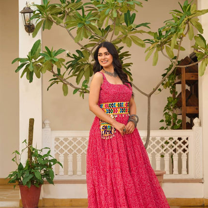 Sonakshi Women's Rani Georgette Bandhni Print Gamathi Work With Real Mirror Anarkali Gown Set