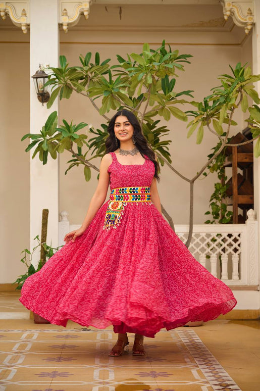 Sonakshi Women's Rani Georgette Bandhni Print Gamathi Work With Real Mirror Anarkali Gown Set