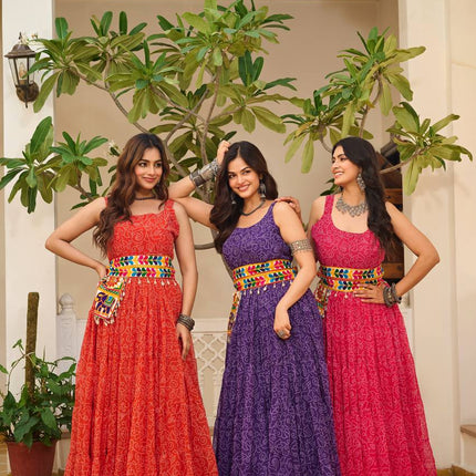 Sonakshi Women's Red Rani & Blue Georgette Bandhni Print Gamathi Work With Real Mirror Anarkali Gown Set