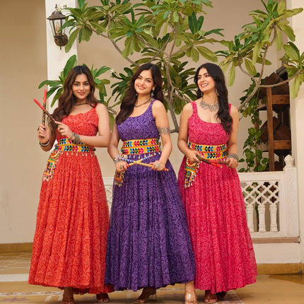 Sonakshi Women's Red Rani & Blue Georgette Bandhni Print Gamathi Work With Real Mirror Anarkali Gown Set