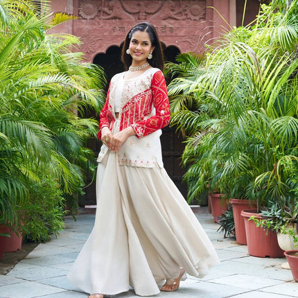 Sonakshi Women's Red Cosmos Simar With Bandhej Thread Cording Embroidered Kurta Set With Koti