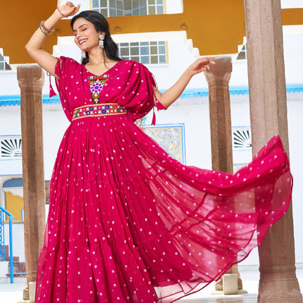 Sonakshi Women's Rani Georgette Bandhni Print Gamathi Work With Real Mirror Anarkali Gown Set