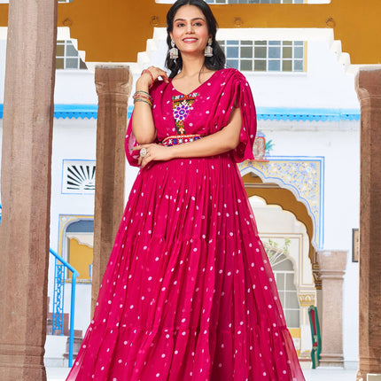 Sonakshi Women's Rani Georgette Bandhni Print Gamathi Work With Real Mirror Anarkali Gown Set