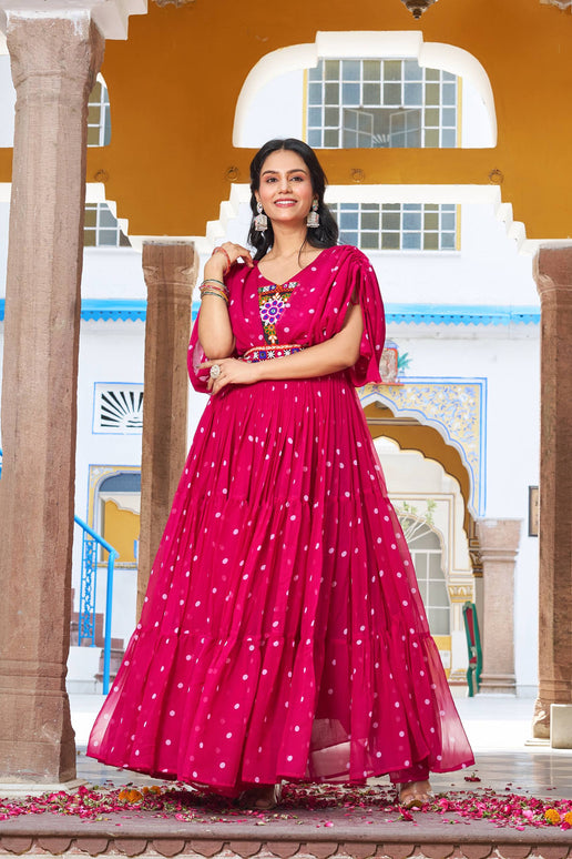 Sonakshi Women's Rani Georgette Bandhni Print Gamathi Work With Real Mirror Anarkali Gown Set