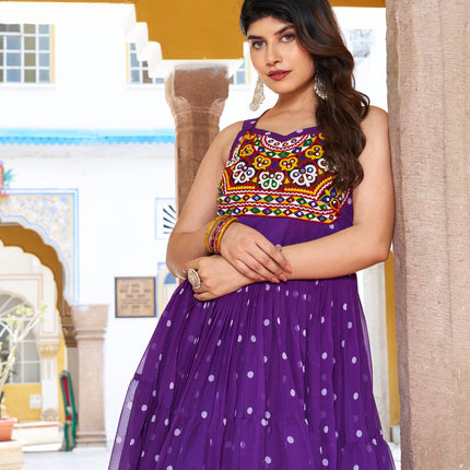 Sonakshi Women's Lovender Georgette Bandhni Print Gamathi Work With Real Mirror Anarkali Gown Set