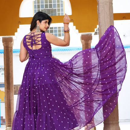 Sonakshi Women's Lovender Georgette Bandhni Print Gamathi Work With Real Mirror Anarkali Gown Set