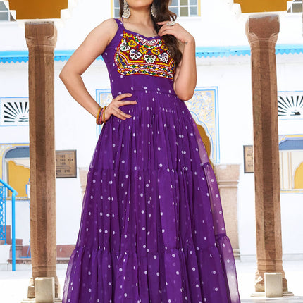 Sonakshi Women's Lovender Georgette Bandhni Print Gamathi Work With Real Mirror Anarkali Gown Set