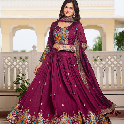 Sonakshi Women's Wine Vichitra Silk Embroidery Thread Sequence Embroidered Lehenga Choli Set With Dupatta