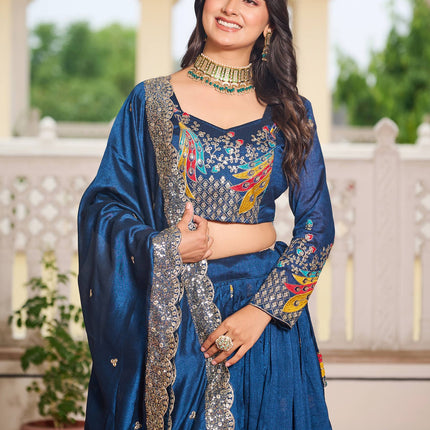 Sonakshi Women's Teal Vichitra Silk Embroidery Thread Sequence Embroidered Lehenga Choli Set With Dupatta