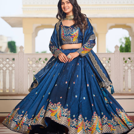 Sonakshi Women's Teal Vichitra Silk Embroidery Thread Sequence Embroidered Lehenga Choli Set With Dupatta