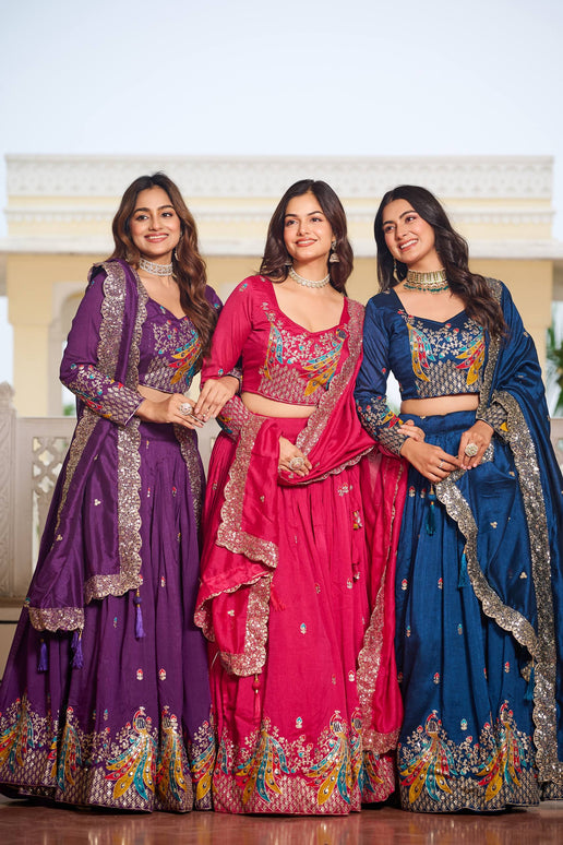 Sonakshi Women's Teal, Rani & Lovender Vichitra Silk Embroidery Thread Sequence Embroidered Lehenga Choli Set With Dupatta