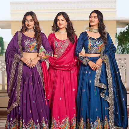 Sonakshi Women's Teal, Rani & Lovender Vichitra Silk Embroidery Thread Sequence Embroidered Lehenga Choli Set With Dupatta