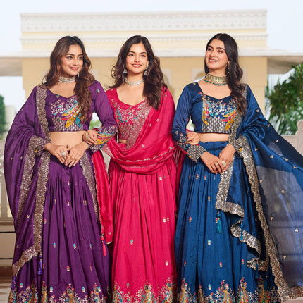 Sonakshi Women's Teal, Rani & Lovender Vichitra Silk Embroidery Thread Sequence Embroidered Lehenga Choli Set With Dupatta