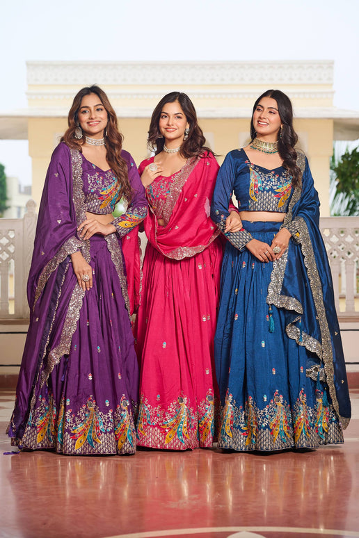 Sonakshi Women's Teal, Rani & Lovender Vichitra Silk Embroidery Thread Sequence Embroidered Lehenga Choli Set With Dupatta