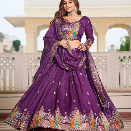 Sonakshi Women's Lovender Vichitra Silk Embroidery Thread Sequence Embroidered Lehenga Choli Set With Dupatta