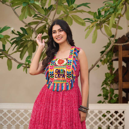 Sonakshi Women's Rani Foux Georgette Bandhni Print Gamathi Work With Real Mirror Anarkali Gown Set