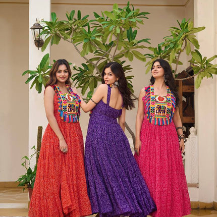 Sonakshi Women's Red, Blue & Rani Foux Georgette Bandhni Print Gamathi Work With Real Mirror Anarkali Gown Set