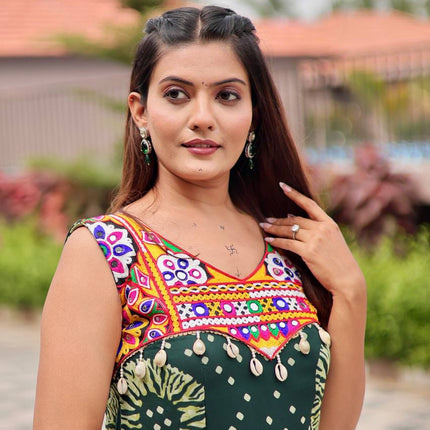 Sonakshi Women's Mehendi Foux Georgette Bandhni Print Gamathi Work With Mirror Anarkali Gown Set