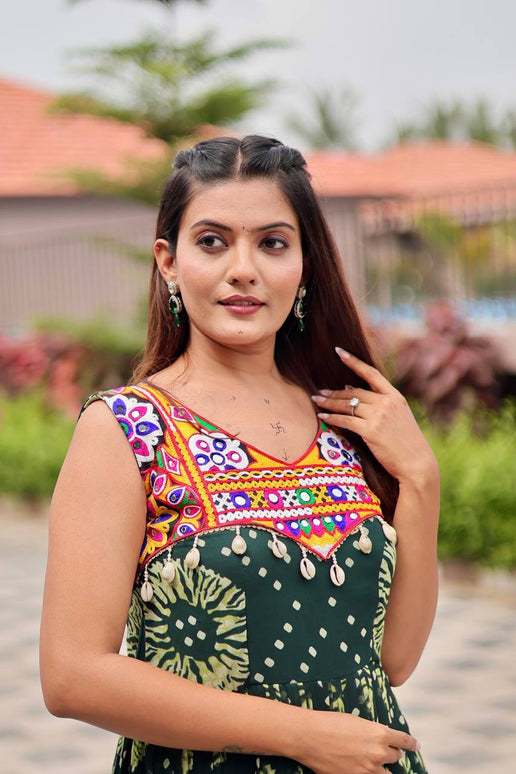 Sonakshi Women's Mehendi Foux Georgette Bandhni Print Gamathi Work With Mirror Anarkali Gown Set