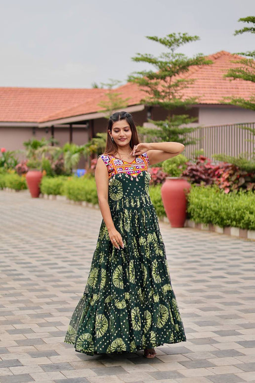 Sonakshi Women's Mehendi Foux Georgette Bandhni Print Gamathi Work With Mirror Anarkali Gown Set