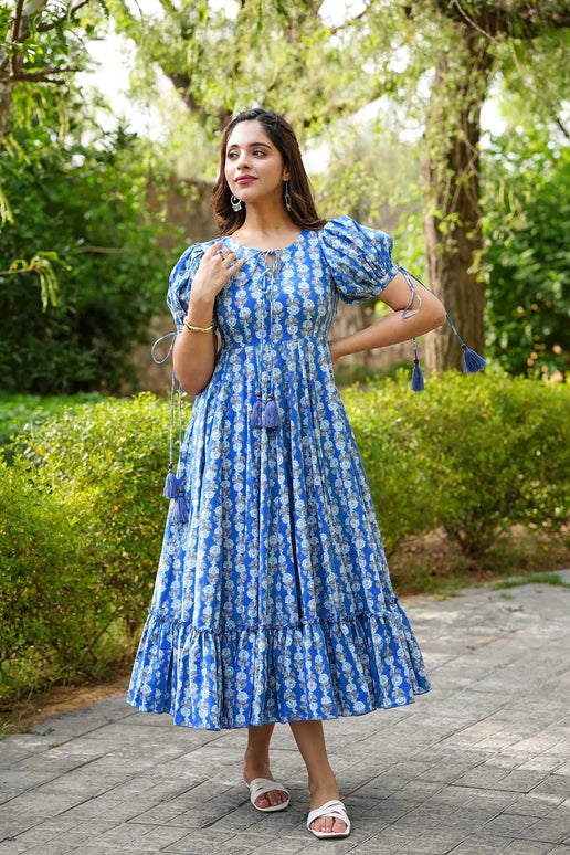 Sonakshi Women's Blue Rayon Digital Print Full Round Flair Anarkali Gown Set