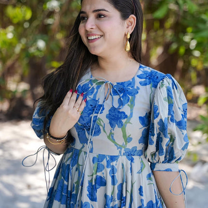 Sonakshi Women's Blue Rayon Digital Print Full Round Flair Anarkali Gown Set