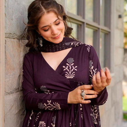 Sonakshi Women's Purple Maslin Digital Print Full Round Flair Anarkali Gown Set With Dupatta