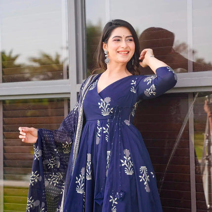 Sonakshi Women's Royal Blue Maslin Digital Print Full Round Flair Anarkali Gown Set With Dupatta