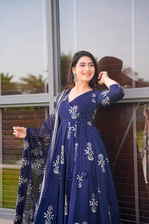 Sonakshi Women's Royal Blue Maslin Digital Print Full Round Flair Anarkali Gown Set With Dupatta