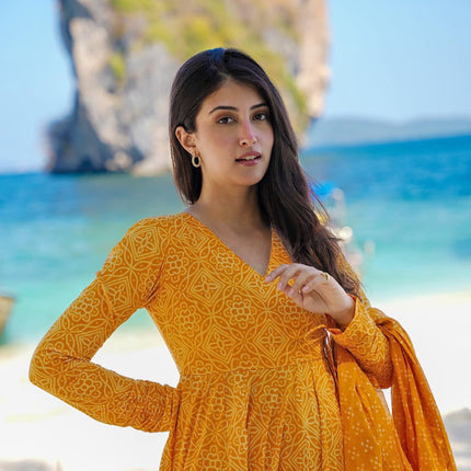 Sonakshi Women's Yellow Maslin Digital Print Full Round Flair Anarkali Gown Set With Dupatta