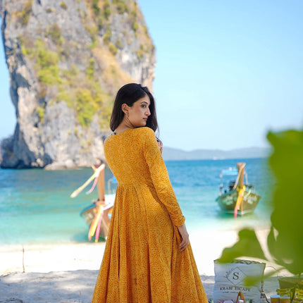 Sonakshi Women's Yellow Maslin Digital Print Full Round Flair Anarkali Gown Set With Dupatta