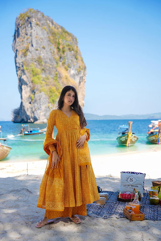 Sonakshi Women's Yellow Maslin Digital Print Full Round Flair Anarkali Gown Set With Dupatta