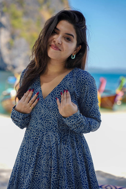 Sonakshi Women's Navy Blue Maslin Digital Print Full Round Flair Anarkali Gown Set With Dupatta