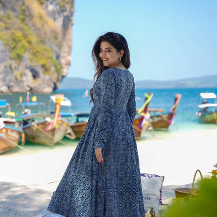 Sonakshi Women's Navy Blue Maslin Digital Print Full Round Flair Anarkali Gown Set With Dupatta