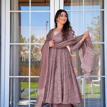 Sonakshi Women's Baby Purple Maslin Digital Print Full Round Flair Anarkali Gown Set With Dupatta