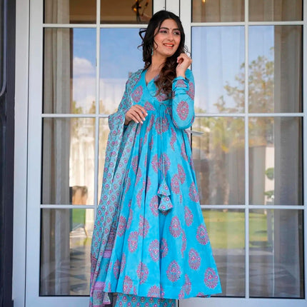 Sonakshi Women's Electric Blue Maslin Digital Print Full Round Flair Anarkali Gown Set With Dupatta