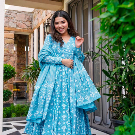 Sonakshi Women's Bright Blue Maslin Digital Print Full Round Flair Anarkali Gown Set With Dupatta